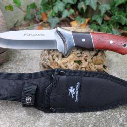 Couteau de Chasse Bushcraft Winchester Lame Acier 420 Manche Bois Etui Nylon