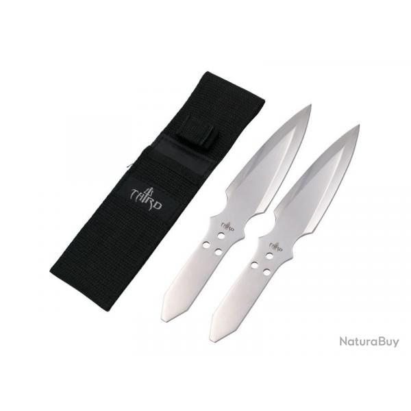 BEL1460 JEU DE 2 COUTEAUX DE LANCER THIRD TOUT ACIER INOX LAME 13CM + ETUI NEUF