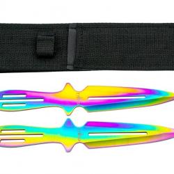 BEL1461 JEU DE 2 COUTEAUX DE LANCER THIRD TOUT ACIER INOX  "ARC EN CIEL" LAME 11CM + ETUI NEUF