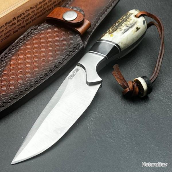 Couteau De Chasse Bowie Lame Acier Inox Manche Bois de Cerf Etui Cuir Camping EDC 001