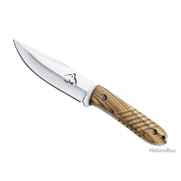 BEL1476 POIGNARD PUMA KNIFE TEC LAME 10CM ACIER TETE DE PUMA DECOUPEE MANCHE ZEBRANO + ETUI NEUF