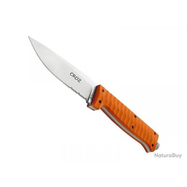 BEL1491 POIGNARD MASERIN "CROZ" LAME SEMI DENTEE 11CM ACIER MANCHE G10 ORANGE + FUSIL + ETUI NEUF