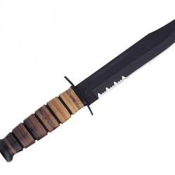 BEL1508 POIGNARD KA-BAR "U.S.M.C" LAME SEMI DENTEE 17CM PHOSPHATEE NOIRE MANCHE ET ETUI CUIR NEUF