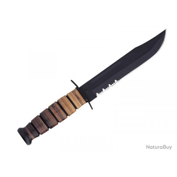 BEL1508 POIGNARD KA-BAR "U.S.M.C" LAME SEMI DENTEE 17CM PHOSPHATEE NOIRE MANCHE ET ETUI CUIR NEUF