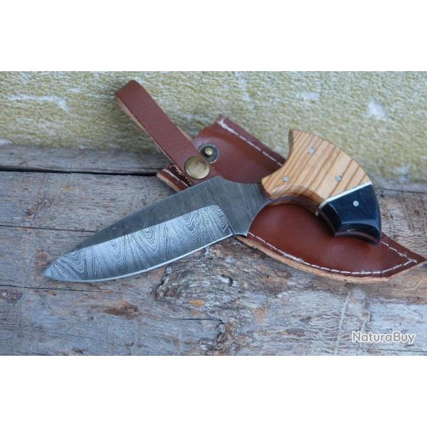 Push Dagger Lame Acier Damas 256 Couches Manche Bois/Rsine Etui CUir Fabric Artisanale