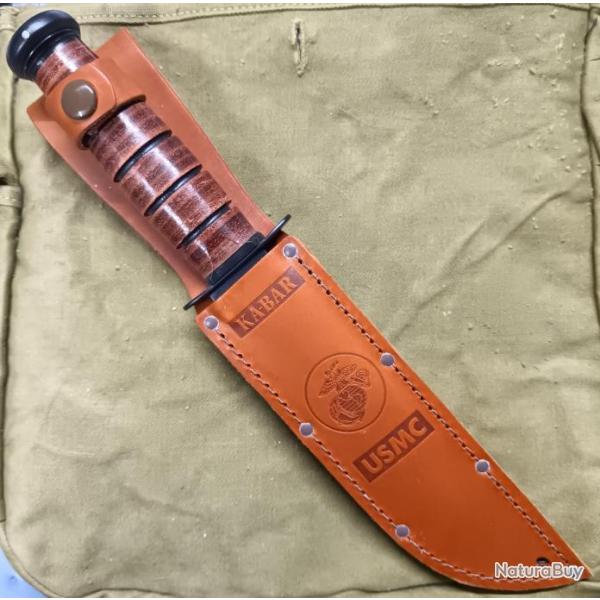 Couteau Ka-Bar USMC 1218 ACIER CARBONE dentele MANCHE ET ETUI CUIR