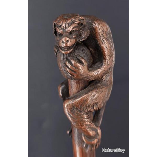 CANNE DE MARCHE CASSE TETE SINGE EN BRONZE PROTEGEANT SON BUTIN par ANTOINE PALAIS ROYAL - FRANCE FI