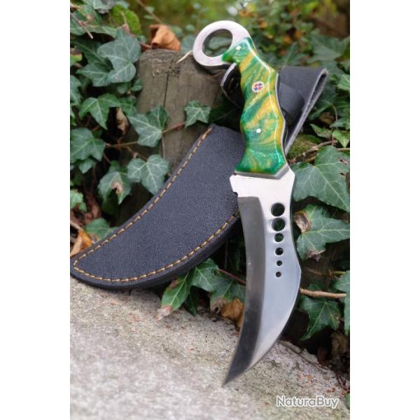 Couteau Karambit Lame Acier Carbone 1055 Manche Rsine Camo Etui Nylon Fabrication Artisanale