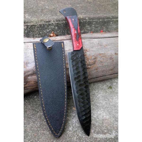 Couteau de Chasse Bushcraft Lame Acier Carbone 1055 Martele Manche Bois Etui Nylon Fabr Artisanale