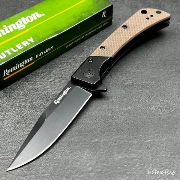 Couteau de Chasse Pliant Remington EDC Linerlock Brown Lame Acier D2 Black Manche G10 Clip