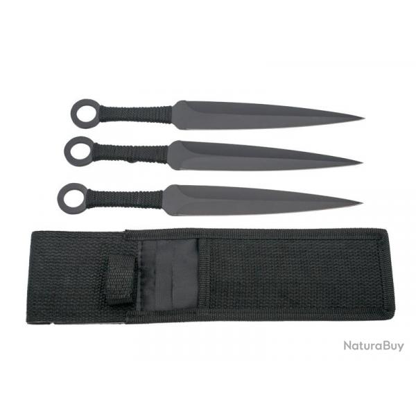 JEU 3 COUTEAUX LANCER THIRD 13,5CM INOX NOIR + CORDELETTE