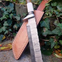 Puukko XXL Couteau Damas Lame 256 Couches Tanto Manche Os/Bois Fabrication Artisanale Etui Cuir