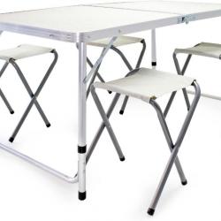 Table et 4 chaises de camping pliables,Table Portable Blanche MDF/alu, réglable en Hauteur