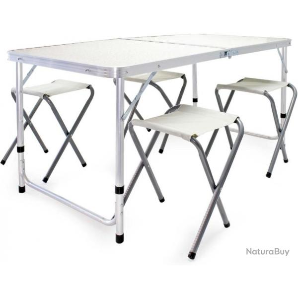 Table et 4 chaises de camping pliables,Table Portable Blanche MDF/alu, rglable en Hauteur