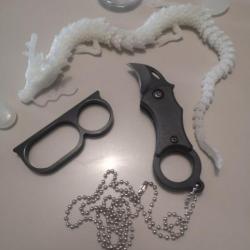 Mini karambit, multi fonction acier inoxydable noir. Avec bague 3 doigts auto défense