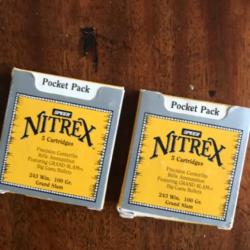 Vends lot de 2 boîtes de 5 balles de 243 winchester ; fabrication Speer « NITREX ».