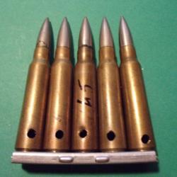 5 Munitions /clip 7,5x54 MAS de 45 étui laiton, balle nickelée, neutralisée