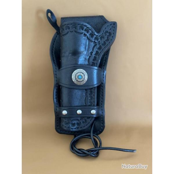 Holster style western en cuir noir pour gaucher.