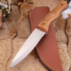 Couteau Skinner Damas Lame Stylet Acier Carbone 105 Manche Olivier Etui Simili Cuir Fabr Artisanale