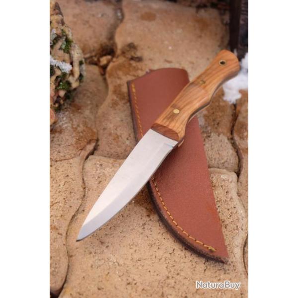 Couteau Skinner Damas Lame Stylet Acier Carbone 105 Manche Olivier Etui Simili Cuir Fabr Artisanale