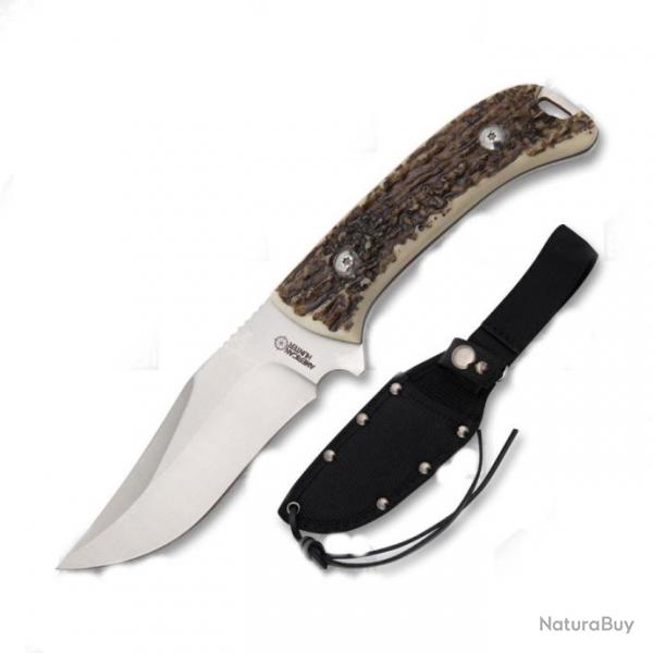 Couteau American Hunter Imitation Bois de Cerf Lame Acier Inox Etui Nylon AH015