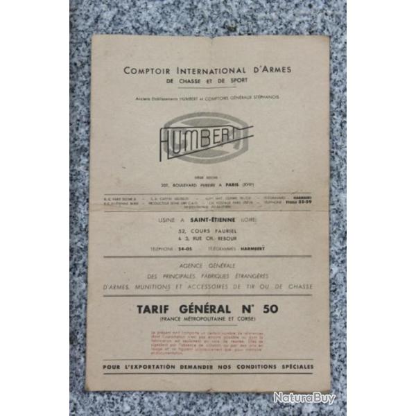 Tarif Gnral COMPTOIR INTERNATIONAL D'ARMES HUMBERT Collection document Armurier Armurerie Chasse