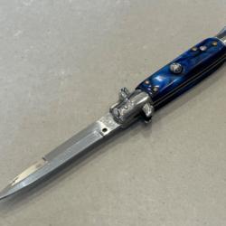 Stiletto Couteau automatique Mafia Milano Lame Acier 440 Manche Abs bleu Etui enchères