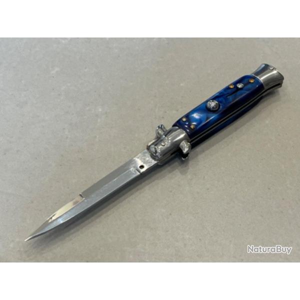 Stiletto Couteau automatique Mafia Milano Lame Acier 440 Manche Abs bleu Etui enchres