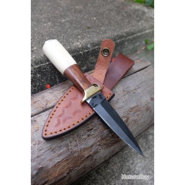 Reproduction Couteau Dague De Vertue Lame Carbone 1055 Black Manche Bois&Os Etui Cuir Fabr Artisanat