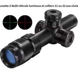 Lunette de tir compact 2-8x20 reticule Mil Dot lumineux avec colliers 11 ou 22 mm aux choix