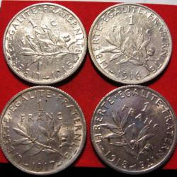 France  4 pieces d'argent de 1 franc semeuse  1915-16-17-18 ttb argent