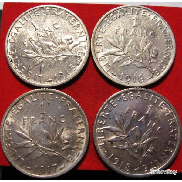 France  4 pieces d'argent de 1 franc semeuse  1915-16-17-18 ttb argent