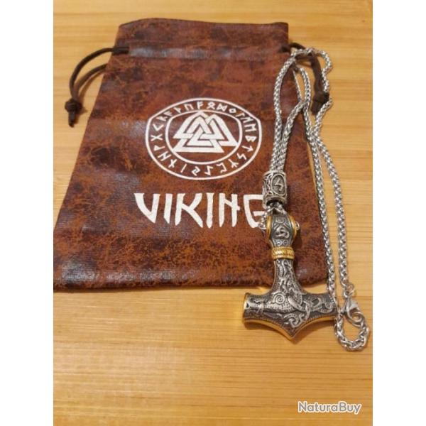 COLLIER PENDENTIF VIKING MJLLNIR ET RUNE. ACIER INOXYDABLE.
