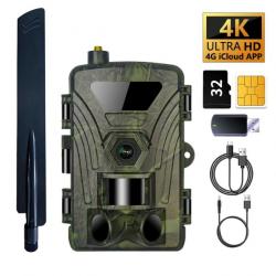 Caméra de Chasse 4G 4K - Batterie Lithium - Etanche IP65 Carte 30go Carte SIM & Carte SD Camouflage