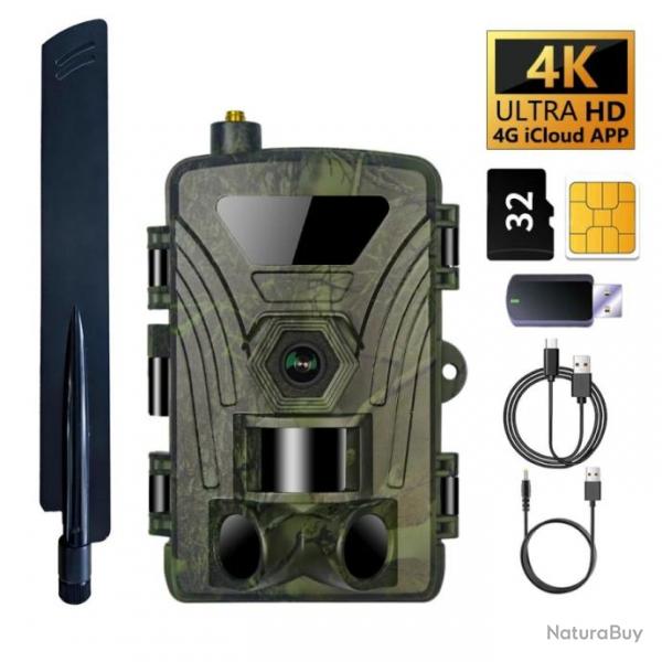 Camra de Chasse 4G 4K - Batterie Lithium - Etanche IP65 Carte 30go Carte SIM & Carte SD Camouflage