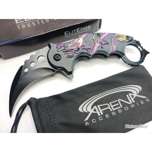 Couteau Elite Edge Dragon Purple Karambit Linerlock A/O Lame Acier Inox Manche Nylon EE10A52PE