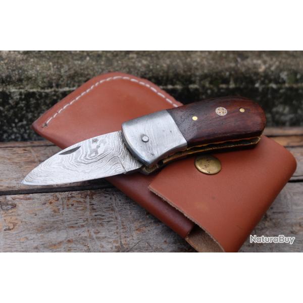 Beau Couteau Dandy Damas Lame Drop Point 128 Couches Manche Bois Etui Cuir Fabr Artisanat Linerlock