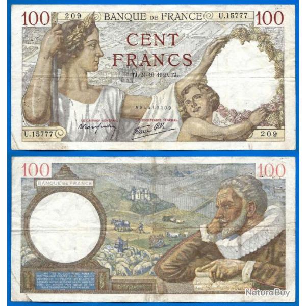 France 100 Francs 1940 Sully Grand Billet Franc Frs Frc Frcs