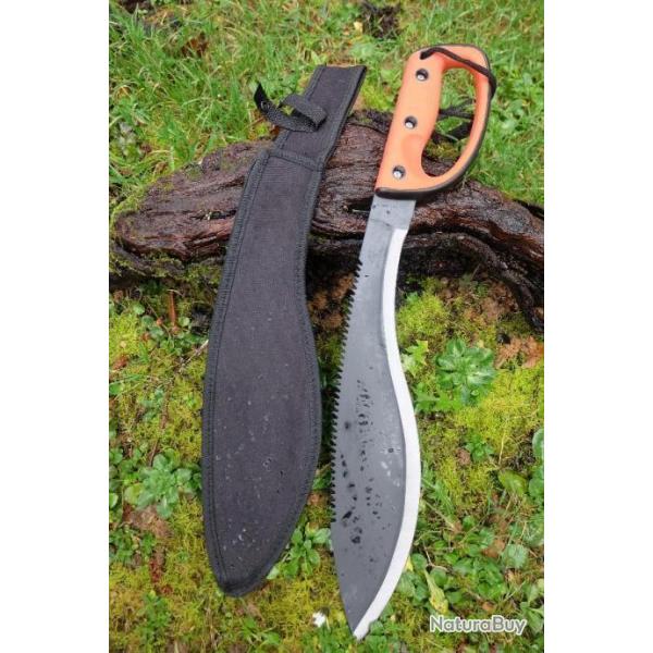 Machette Couteau Kukkri Bushcraft Parang Machete Lame Acier 3Cr13 Manche ABS Orange Etui Nylon 000