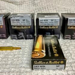 LOT DE 220 CARTOUCHES 243 WINCHESTER SELLIER BELLOT SP 100 GRAINS