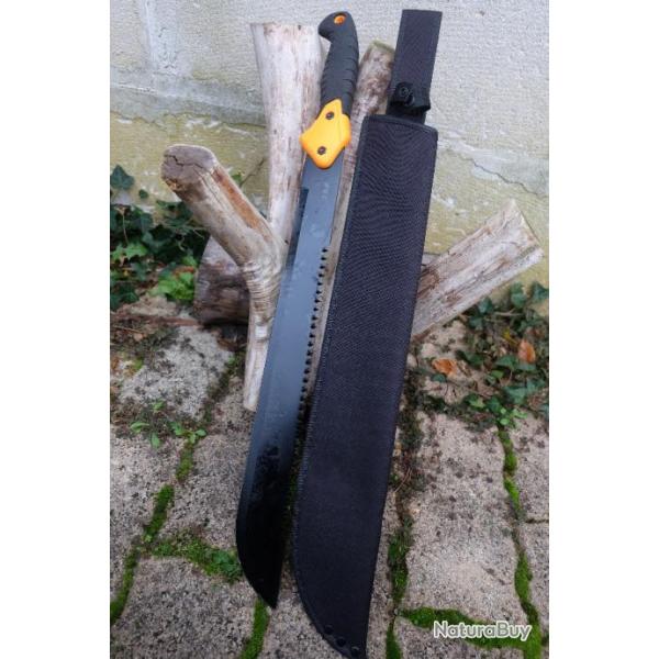 Coupe Coupe Bowie Machette Guide d'Amazonie Lame Acier 3Cr13 Scie Manche ABS Black Orange Etui Nylon