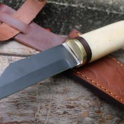 Puukko Seax de Viking Couteau Lame Black Carbone 1055 Manche Os Fabric Artisanale Etui Cuir