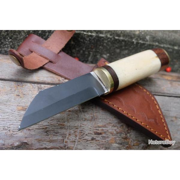 Puukko Seax de Viking Couteau Lame Black Carbone 1055 Manche Os Fabric Artisanale Etui Cuir