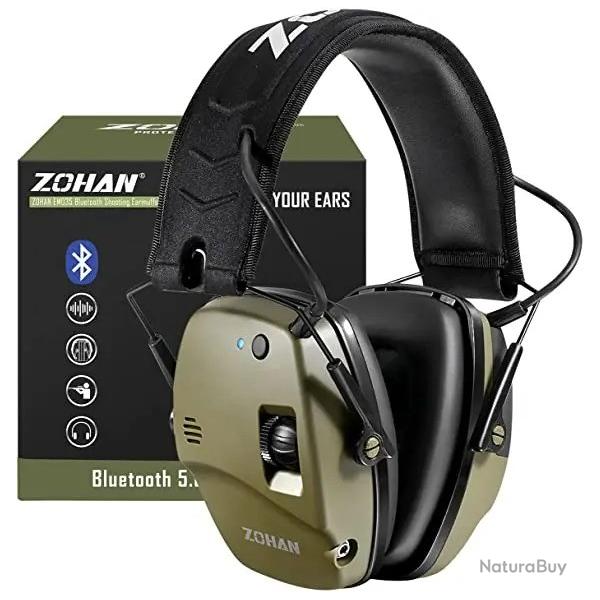 Casque de Tir anti-Bruit lectronique Bluetooth 5.0 Rduction Bruit NRR 22dB pour Chasse et Tir VERT