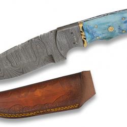 Couteau  DAMASCUS -  os bleu  avec son Etui tout Cuir