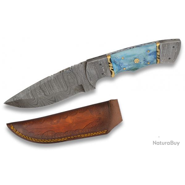 Couteau  DAMASCUS -  os bleu  avec son Etui tout Cuir