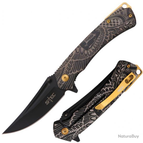 Couteau S-TEC A/O Black/Gold Lame Acier Inox Manche Acier Scurit Framelock Clip STT27207BK