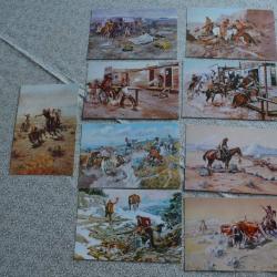 SERIEDE 9 CARTES REPRODUCTION DE PEINTURES DU PEINTRE NATURALISTE AMERICAIN CHARLES RUSSEL 1865-1926