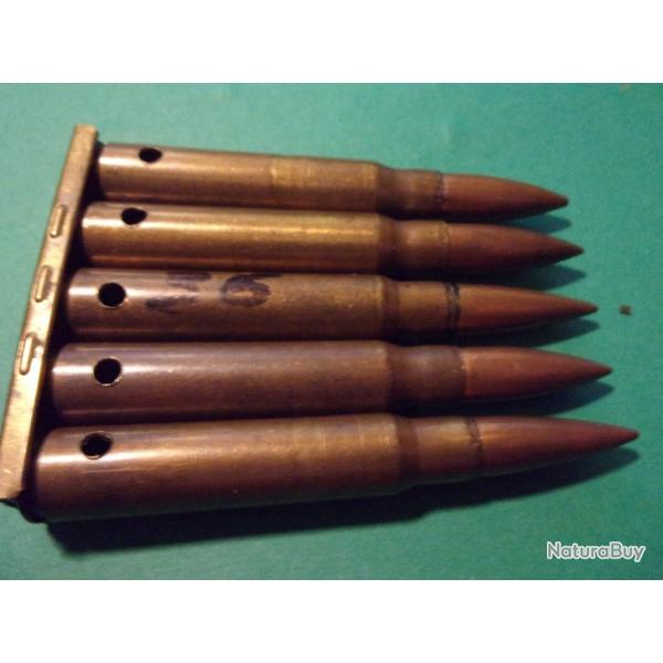 5 Munitions /clip en 7,92x57 de 1936, tui laiton, balle blinde cuivre, neutralises