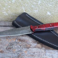 Couteau Dague Scottish Dirk Lame Acier Damas 256 Couches Manche Red Résine Etui Cuir Fabr Artisanale